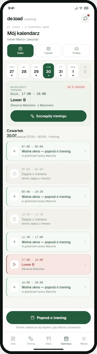 Aplikacja podopiecznej — kalendarz i prośba o termin