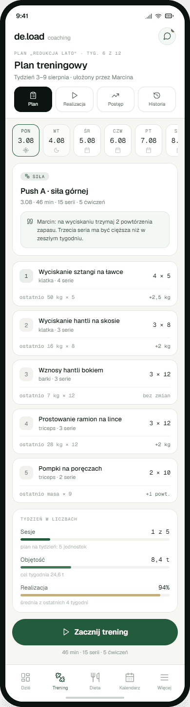 Aplikacja podopiecznej — trening w trakcie sesji