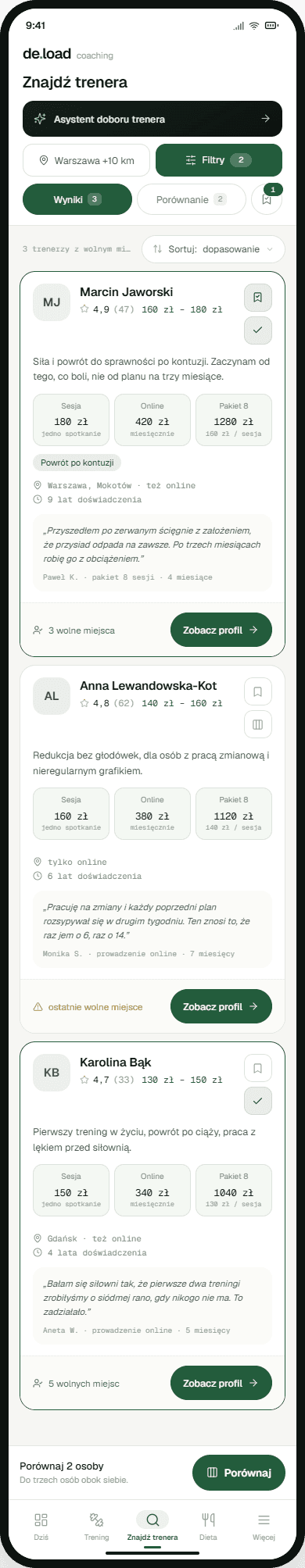 Aplikacja podopiecznej — wyszukiwanie trenera w marketplace